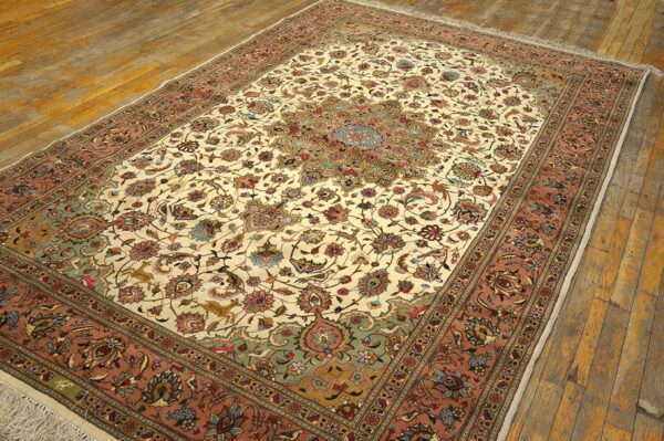 Mid 20th century persian tabriz carpet 5'11"ã—9'6" hand-knotted wool with silk highlights - detail view 1