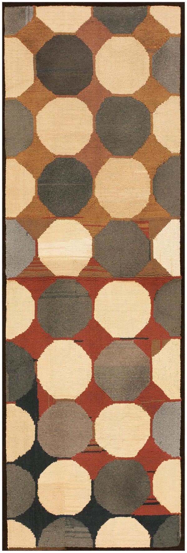 Vintage american hooked rug 4'1"×8'9" multi circles modern pattern, grey & black, 1960s 1 Vintage american hooked rug 4'1"×8'9" multi circles modern pattern, grey & black, 1960s