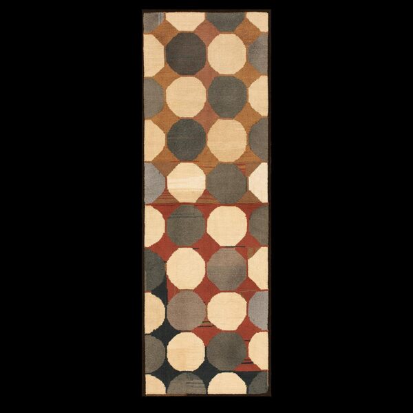 Vintage american hooked rug 4'1"×8'9" multi circles modern pattern, grey & black, 1960s 2 Vintage american hooked rug 4'1"×8'9" multi circles modern pattern, grey & black, 1960s - detail view 1
