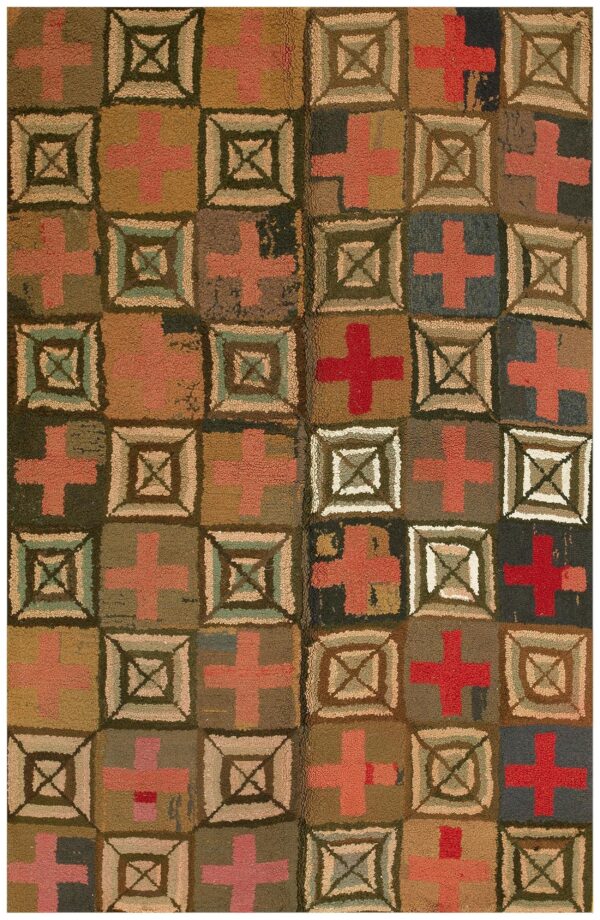 Vintage american hooked rug 5'10"×8'4" multi cross modern pattern, hand-woven wool, 1960s 1 Vintage american hooked rug 5'10"×8'4" multi cross modern pattern, hand-woven wool, 1960s