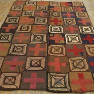 Vintage American Hooked Rug 5'10"×8'4" Multi Cross Modern Pattern, Hand-Woven Wool, 1960s - detail view 1