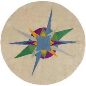 Vintage European Art Deco Round Rug 8'5" Diameter, Ivory Field, Hand-Knotted Wool, 1950s
