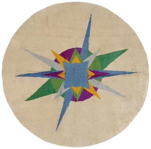 Vintage european art deco round rug 8'5" diameter, ivory field, hand-knotted wool, 1950s 1 Vintage european art deco round rug 8'5" diameter, ivory field, hand-knotted wool, 1950s
