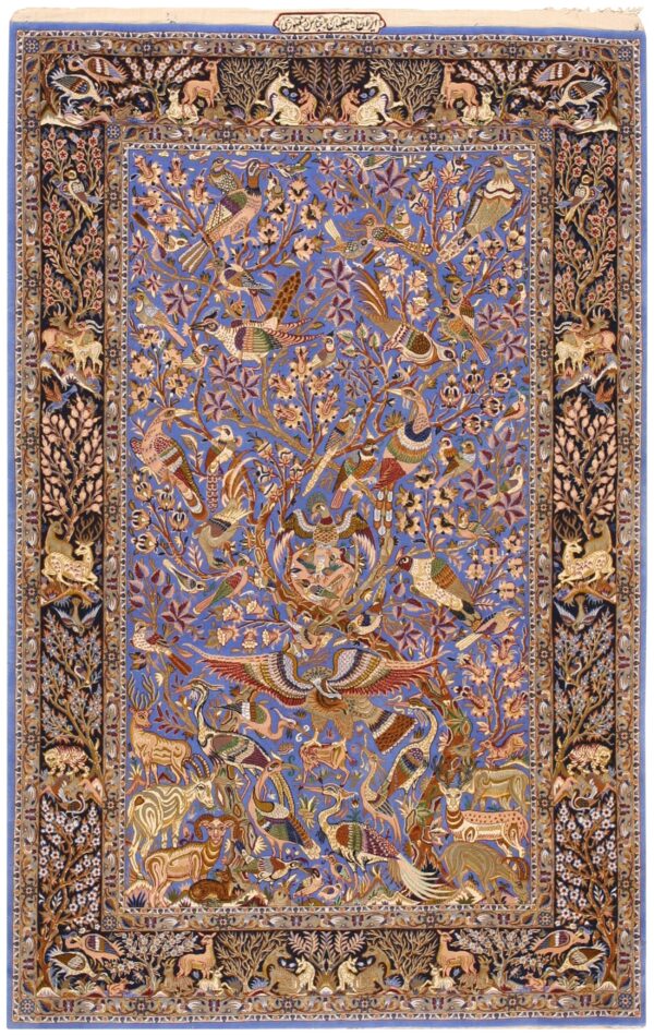 Vintage persian isfahan rug, blue field, wool & silk pile, fine knot count