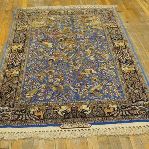 Vintage Persian Isfahan Rug, Blue Field, Wool & Silk Pile, Fine Knot Count - detail view 1