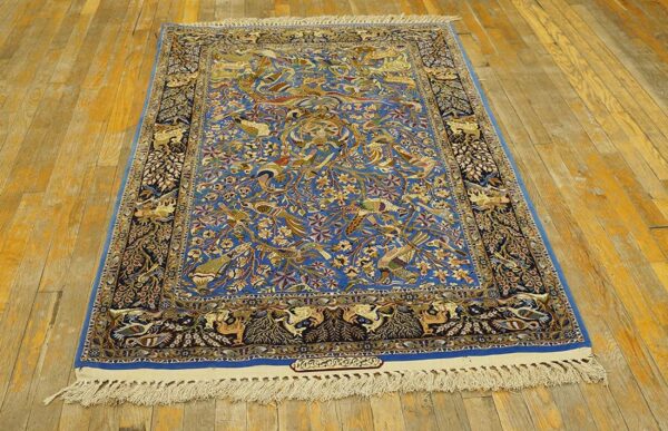 Vintage persian isfahan rug, blue field, wool & silk pile, fine knot count - detail view 1