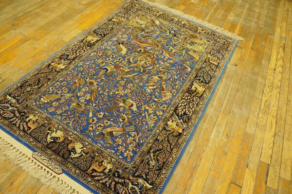 Vintage persian isfahan rug, blue field, wool & silk pile, fine knot count - detail view 2