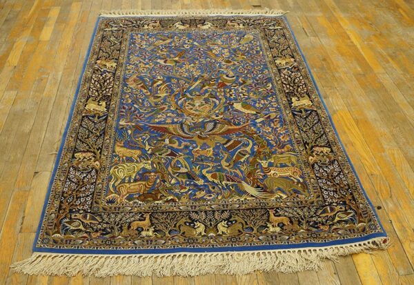 Vintage persian isfahan rug, blue field, wool & silk pile, fine knot count - detail view 3