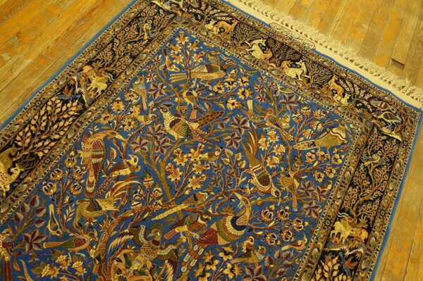 Vintage persian isfahan rug, blue field, wool & silk pile, fine knot count - detail view 4