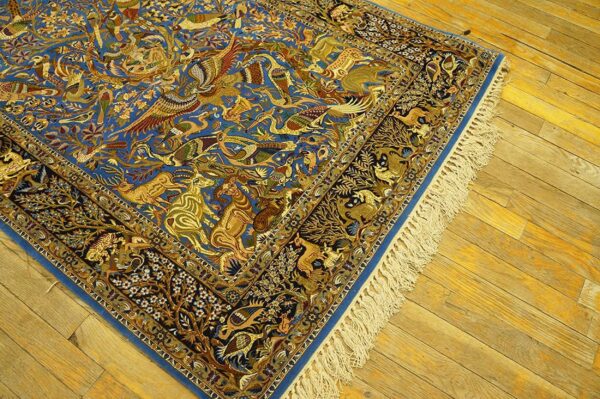 Vintage persian isfahan rug, blue field, wool & silk pile, fine knot count - detail view 5