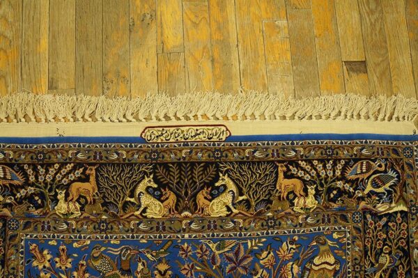 Vintage persian isfahan rug, blue field, wool & silk pile, fine knot count - detail view 6