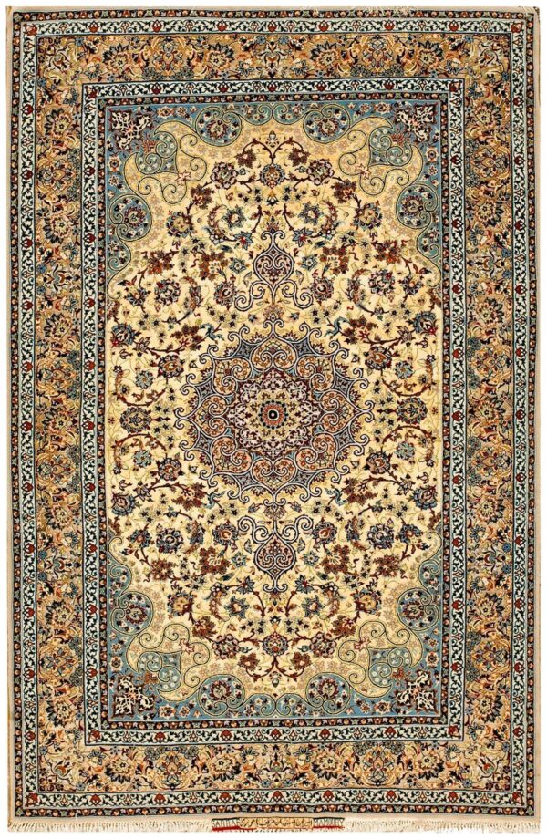 Vintage persian isfahan rug 5'ã—8' by sarraf mamoury, ivory traditional design, 1940s