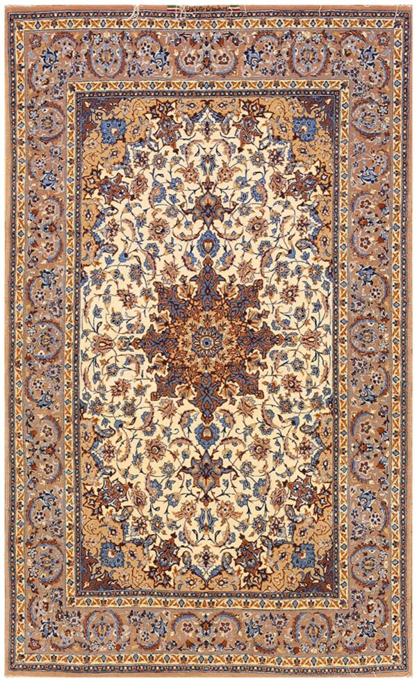 Vintage persian isfahan rug 3'6"ã—5'9" ivory traditional medallion, hand-knotted wool, 1940s