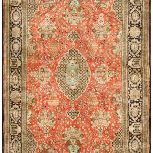 Vintage Persian Qum Silk Rug, Beige Field with Medallion Design, Small Format