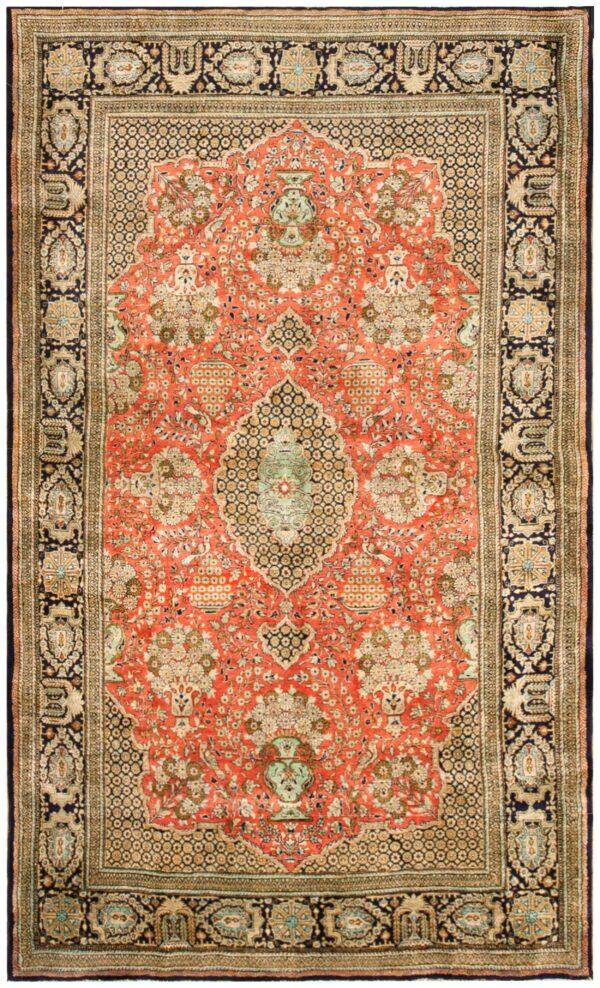 Vintage persian qum silk rug, beige field with medallion design, small format