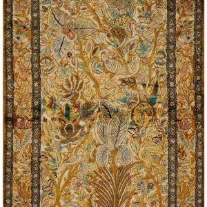 Vintage Persian Silk Souf Qum Carpet 3'6"Ã—5'3" Ivory Field, Gold Border, Floral Garden, Circa 1940