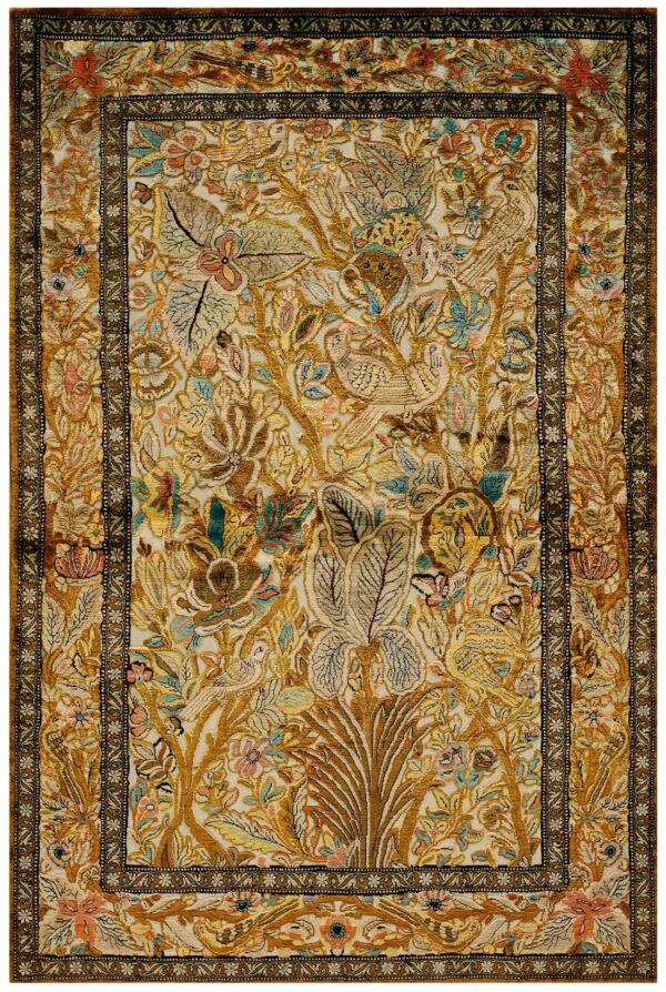 Vintage persian silk souf qum carpet 3'6"ã—5'3" ivory field, gold border, floral garden, circa 1940