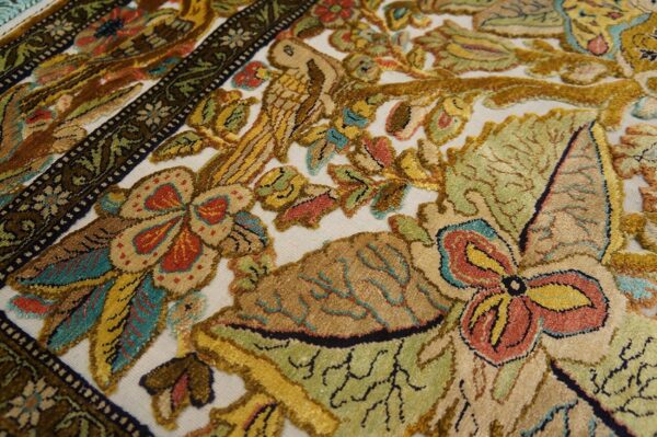 Vintage persian silk souf qum carpet 3'6"ã—5'3" ivory field, gold border, floral garden, circa 1940 - detail view 9