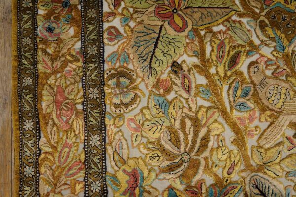 Vintage persian silk souf qum carpet 3'6"ã—5'3" ivory field, gold border, floral garden, circa 1940 - detail view 10