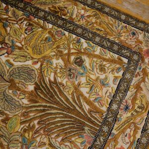 Vintage Persian Silk Souf Qum Carpet 3'6"Ã—5'3" Ivory Field, Gold Border, Floral Garden, Circa 1940 - detail view 11