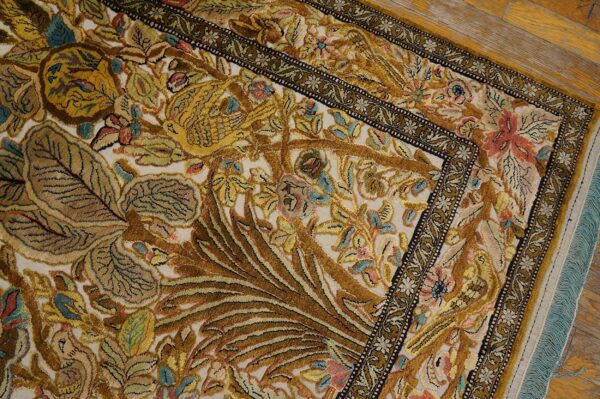 Vintage persian silk souf qum carpet 3'6"ã—5'3" ivory field, gold border, floral garden, circa 1940 - detail view 11
