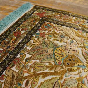 Vintage Persian Silk Souf Qum Carpet 3'6"Ã—5'3" Ivory Field, Gold Border, Floral Garden, Circa 1940 - detail view 12