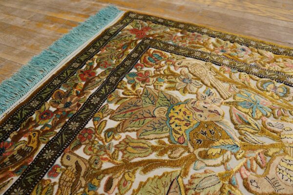 Vintage persian silk souf qum carpet 3'6"ã—5'3" ivory field, gold border, floral garden, circa 1940 - detail view 12