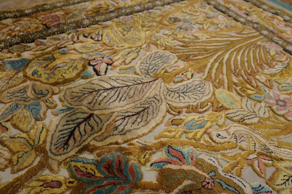 Vintage persian silk souf qum carpet 3'6"ã—5'3" ivory field, gold border, floral garden, circa 1940 - detail view 13