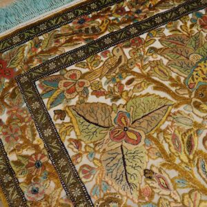 Vintage Persian Silk Souf Qum Carpet 3'6"Ã—5'3" Ivory Field, Gold Border, Floral Garden, Circa 1940 - detail view 14