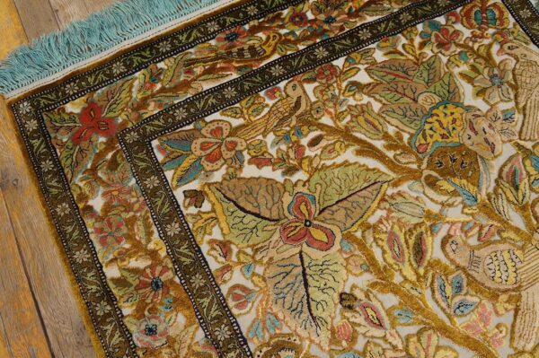 Vintage persian silk souf qum carpet 3'6"ã—5'3" ivory field, gold border, floral garden, circa 1940 - detail view 14