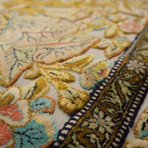 Vintage Persian Silk Souf Qum Carpet 3'6"Ã—5'3" Ivory Field, Gold Border, Floral Garden, Circa 1940 - detail view 15