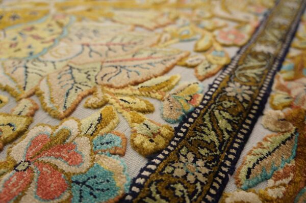 Vintage persian silk souf qum carpet 3'6"ã—5'3" ivory field, gold border, floral garden, circa 1940 - detail view 15