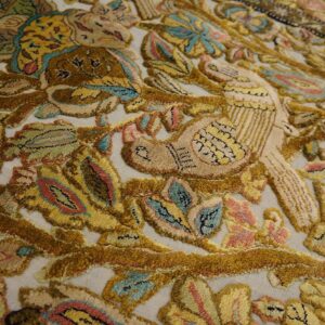 Vintage Persian Silk Souf Qum Carpet 3'6"Ã—5'3" Ivory Field, Gold Border, Floral Garden, Circa 1940 - detail view 16