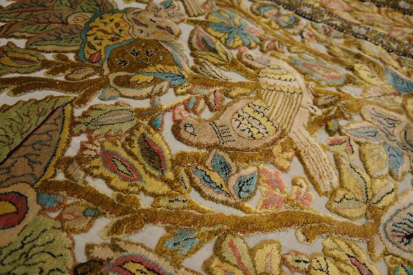 Vintage persian silk souf qum carpet 3'6"ã—5'3" ivory field, gold border, floral garden, circa 1940 - detail view 16