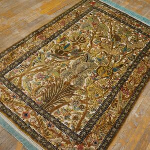Vintage Persian Silk Souf Qum Carpet 3'6"Ã—5'3" Ivory Field, Gold Border, Floral Garden, Circa 1940 - detail view 1