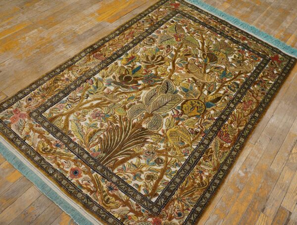 Vintage persian silk souf qum carpet 3'6"ã—5'3" ivory field, gold border, floral garden, circa 1940 - detail view 1