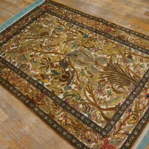 Vintage Persian Silk Souf Qum Carpet 3'6"Ã—5'3" Ivory Field, Gold Border, Floral Garden, Circa 1940 - detail view 2
