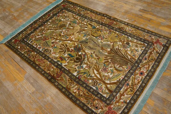 Vintage persian silk souf qum carpet 3'6"ã—5'3" ivory field, gold border, floral garden, circa 1940 - detail view 2