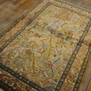 Vintage Persian Silk Souf Qum Carpet 3'6"Ã—5'3" Ivory Field, Gold Border, Floral Garden, Circa 1940 - detail view 3