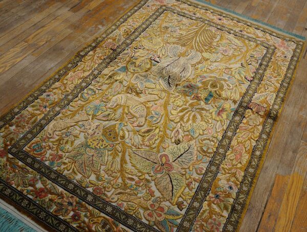 Vintage persian silk souf qum carpet 3'6"ã—5'3" ivory field, gold border, floral garden, circa 1940 - detail view 3