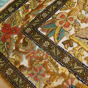 Vintage Persian Silk Souf Qum Carpet 3'6"Ã—5'3" Ivory Field, Gold Border, Floral Garden, Circa 1940 - detail view 4