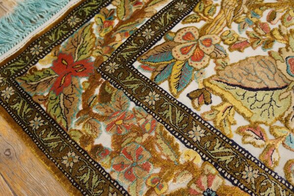 Vintage persian silk souf qum carpet 3'6"ã—5'3" ivory field, gold border, floral garden, circa 1940 - detail view 4
