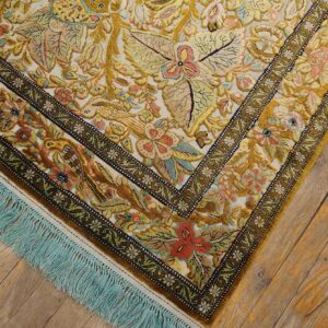 Vintage Persian Silk Souf Qum Carpet 3'6"Ã—5'3" Ivory Field, Gold Border, Floral Garden, Circa 1940 - detail view 5