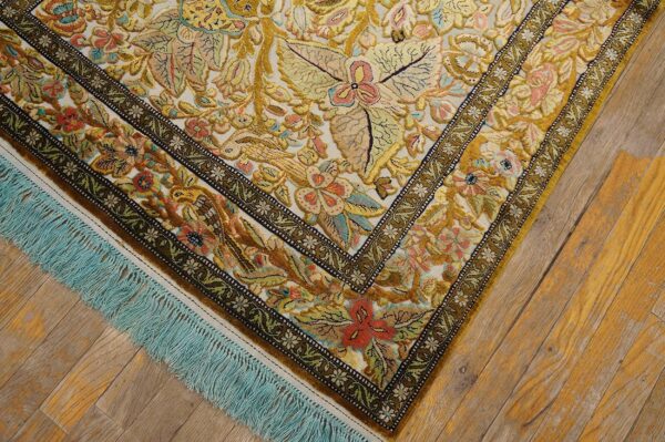 Vintage persian silk souf qum carpet 3'6"ã—5'3" ivory field, gold border, floral garden, circa 1940 - detail view 5