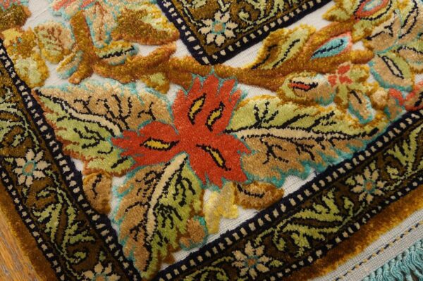 Vintage persian silk souf qum carpet 3'6"ã—5'3" ivory field, gold border, floral garden, circa 1940 - detail view 6