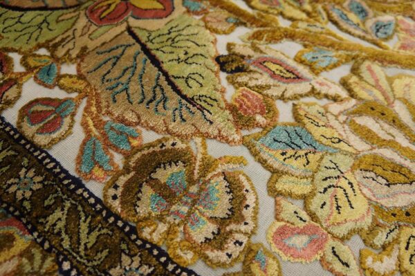 Vintage persian silk souf qum carpet 3'6"ã—5'3" ivory field, gold border, floral garden, circa 1940 - detail view 7