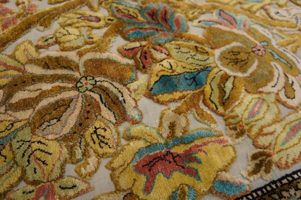 Vintage persian silk souf qum carpet 3'6"ã—5'3" ivory field, gold border, floral garden, circa 1940 - detail view 8