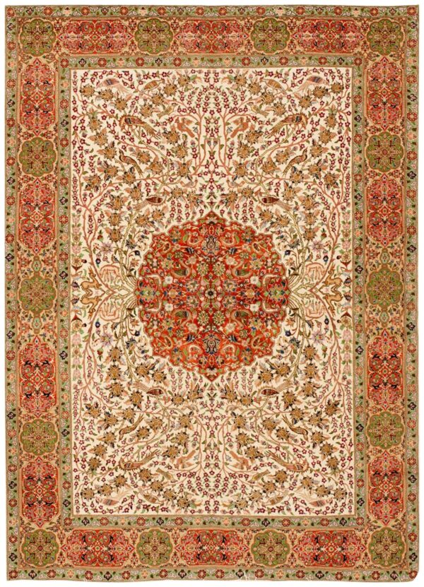 Vintage persian tabriz rug, ivory field with medallion, silk-highlighted detail 1 Vintage persian tabriz rug, ivory field with medallion, silk-highlighted detail