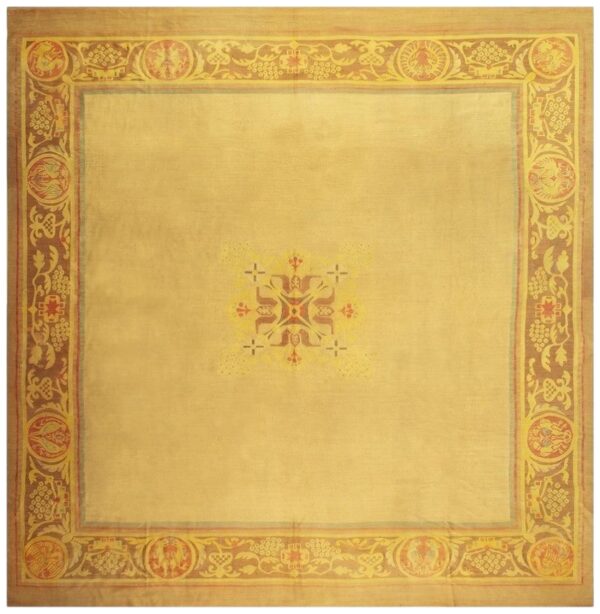 1840s antique gold european aubusson flatweave wool square rug 1 1840s antique gold european aubusson flatweave wool square rug
