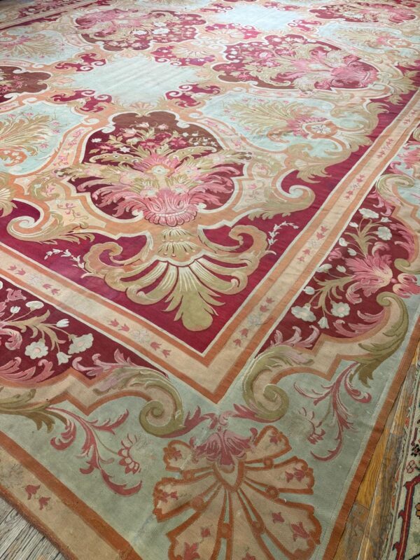 1840s antique red field medallion flatweave wool french aubusson gallery rug - detail view 1
